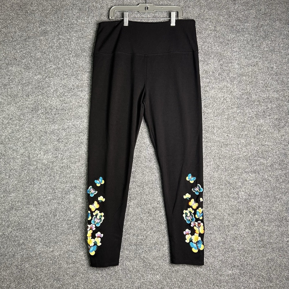 Athena Marie‎ Leggings Floral Embroidered Size large Black Skinny Leg Rayon